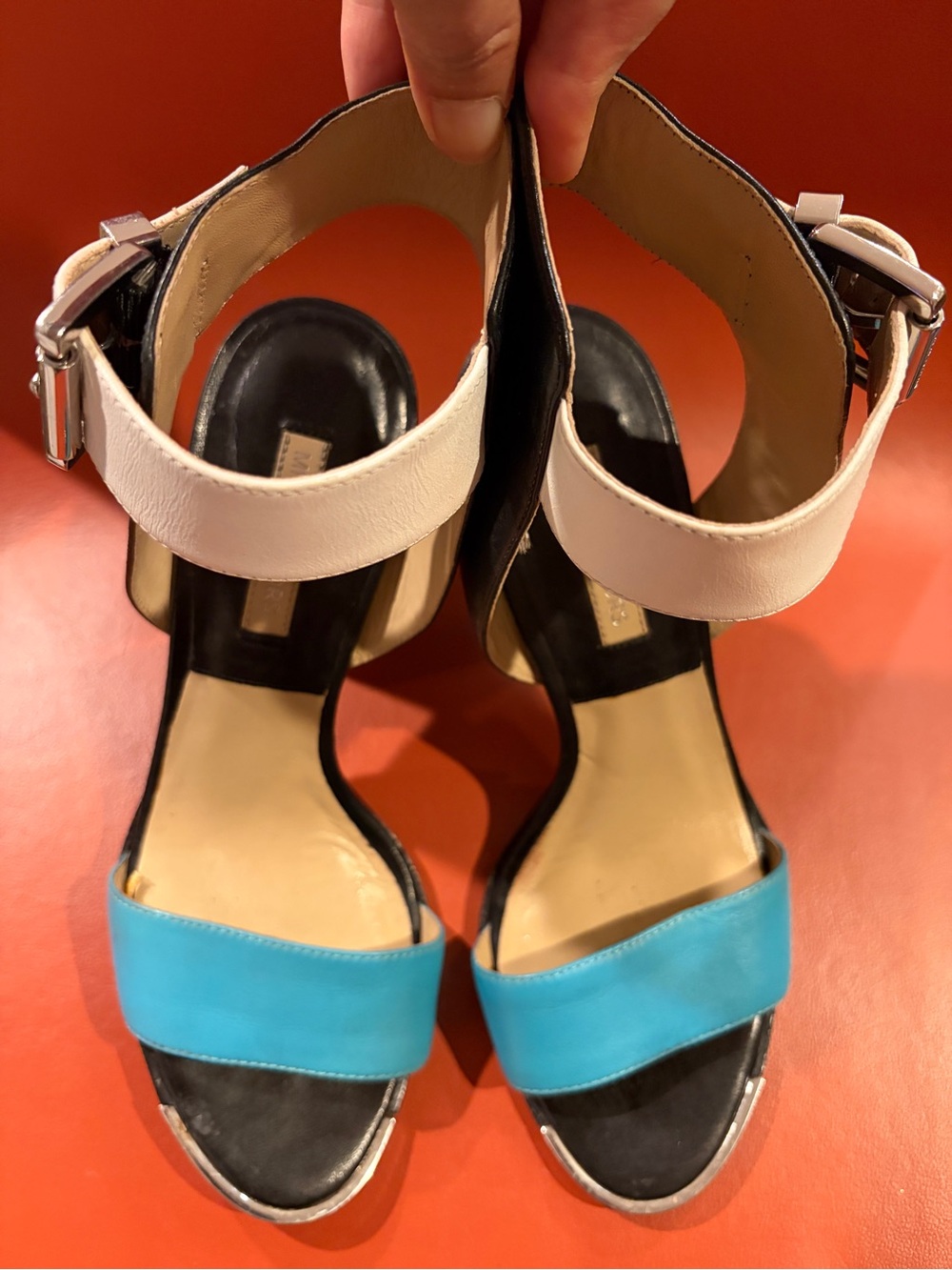 Michael Kors Two-Tone Ankle Strap Heels in Turquoise and White